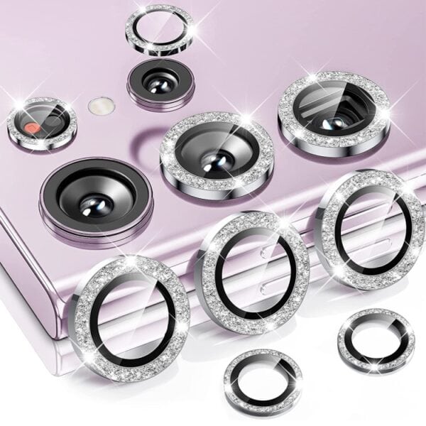 Für Samsung Galaxy S23 Ultra 5G Rear Lens Glitzer Aluminium Kamera Schutz Glas Silber