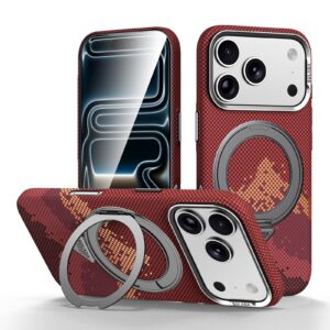 Für iPhone 18 Pro Max Mountain Magnetisch Rotationshalter Kevlar Magsafe Schutzhülle Rot
